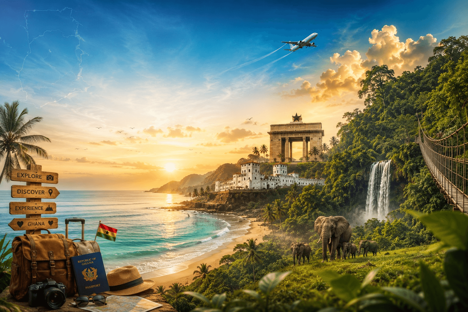 Travel essentials and Ghana landmarks — coast, waterfall and elephants